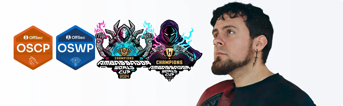 Bernardo Viqueira junto a sus certificaciones OSCP y OSWP y sus trofeos de campeón del mundo